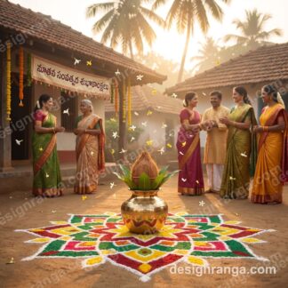Brass kalasam on colorful geometric rangoli with falling neem flowers and Telugu families celebrating Ugadi in traditional setting
