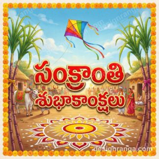 Sankranti poster with red Telugu text, colorful kite in sky, sugarcane stalks, sun rangoli pattern, marigold border frame