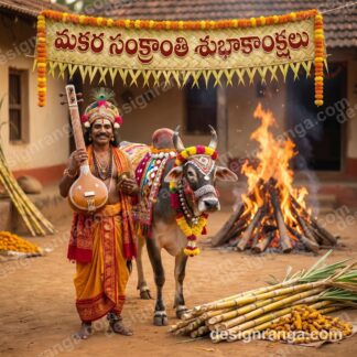 Haridasu performer with musical instrument beside decorated Gangireddu cow, bonfire and harvest displays, Telugu sankranti banner