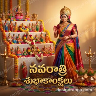 Goddess Durga in colorful silk saree beside Golu doll steps with Telugu Navaratri wishes text and traditional decorations