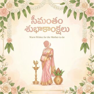 Telugu seemantham poster with pregnant woman in pink saree, brass lamp, flowers and సీమంతం శుభాకాంక్షలు text