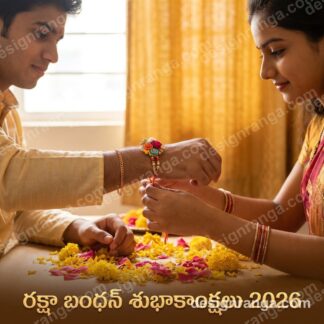 Sister tying colorful floral rakhi on brother's wrist with scattered marigold petals and Telugu wishes text on golden background