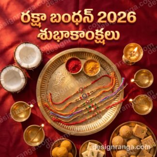 Brass puja thali with colorful rakhis, diyas, coconuts & sweets on red silk with Telugu రక్షా బంధన్ 2026 text