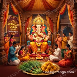 Ornate Ganesha idol with golden crown in traditional pandal surrounded by praying devotees with Telugu 2026 wishes text