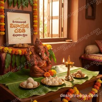 Clay Ganesha idol on banana leaves with kudumulu sweets, brass oil lamp, marigold flowers, Telugu Vinayaka Chavithi wishes text