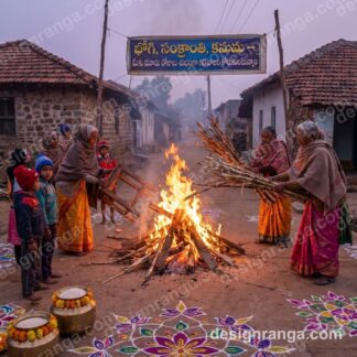 Traditional Bhogi bonfire with Telugu families in colorful clothing gathering around crackling flames at village dawn with rangoli patterns