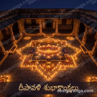 Telugu Diwali wishes దీపావళి శుభాకాంక్షలు with traditional rangoli and diyas in temple courtyard