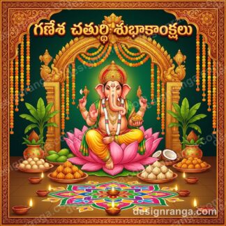 Lord Ganesha seated on pink lotus flower surrounded by modak sweets, mango leaves, golden temple arch with marigold garlands, colorful rangoli, and Telugu text శుభాకాంక్షలు