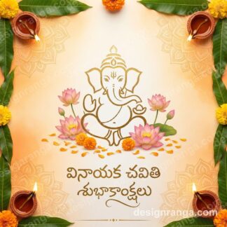 Golden outlined Ganesha idol surrounded by pink lotus flowers and marigold petals on saffron-cream gradient background with glowing diyas and Telugu text.